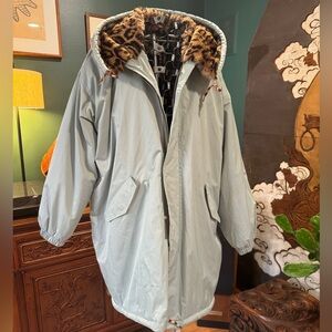 Bellerose oversized leopard Laos Parka in Eucalyptus with faux fur size 1 NWOT